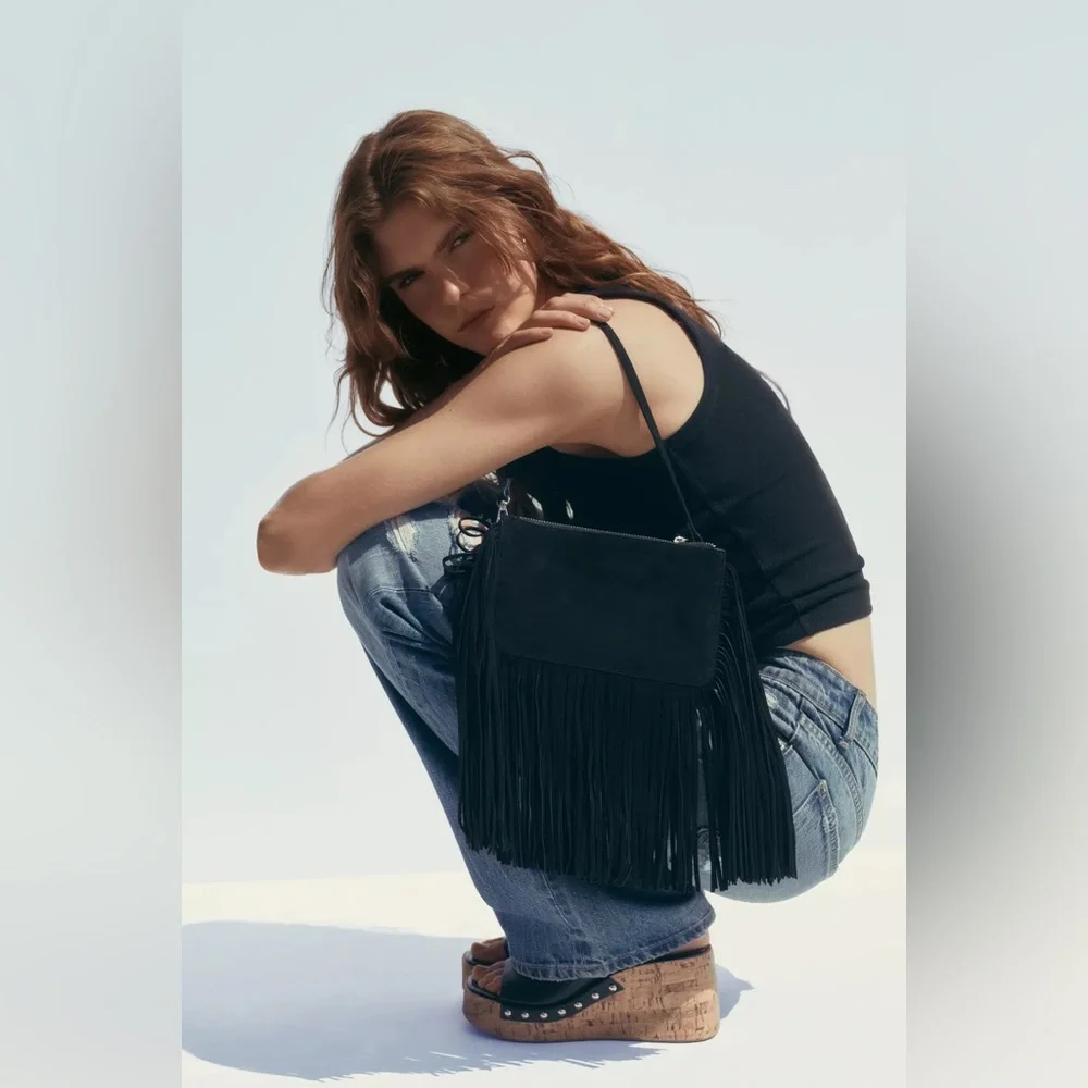 ZARA Leather Fringed Crossbody Bag - Black